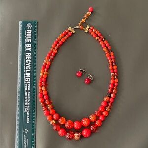 Vintage Elegance: Red & Reddish Hues Beaded Necklace and ClipOn Earrings Set